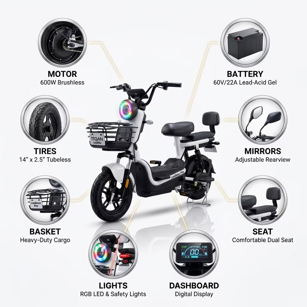 LoadMax PRO Electric Bike | 100KM speed | 600W Motor | 14 Inch Tires | Mirror Basket | Premium Fast