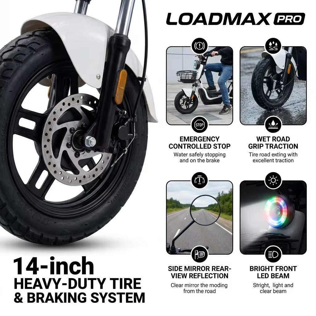 LoadMax PRO Electric Bike | 100KM speed | 600W Motor | 14 Inch Tires | Mirror Basket | Premium Fast