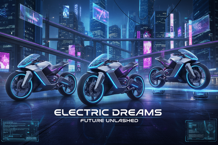 GEnrate a FUTURISTIC banner in which Three Electric bikes are Standing , keep the bg futuristic